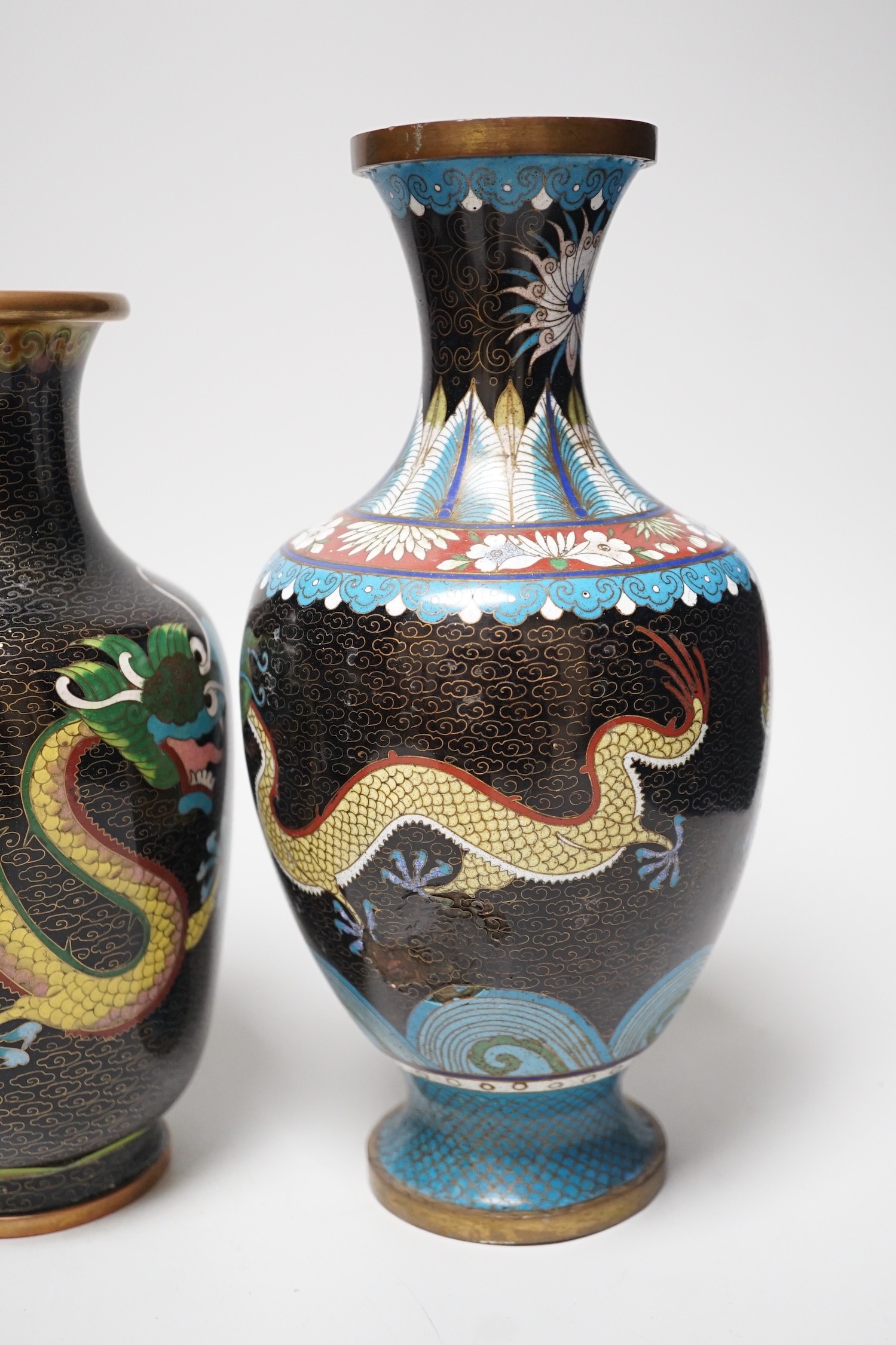 Three Chinese cloisonné enamel vases and a small bronze censer, Tallest 26cm